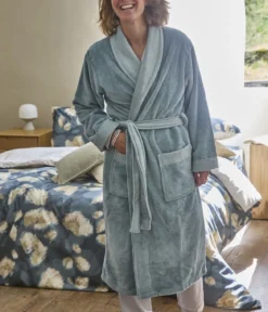 Robe de chambre bi-matière femme Bleu céladon